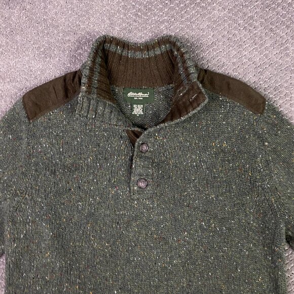 Eddie Bauer Sweater Men's Medium Green Speckled Shoulder Patches Wool Cotton - Picture 2 of 11